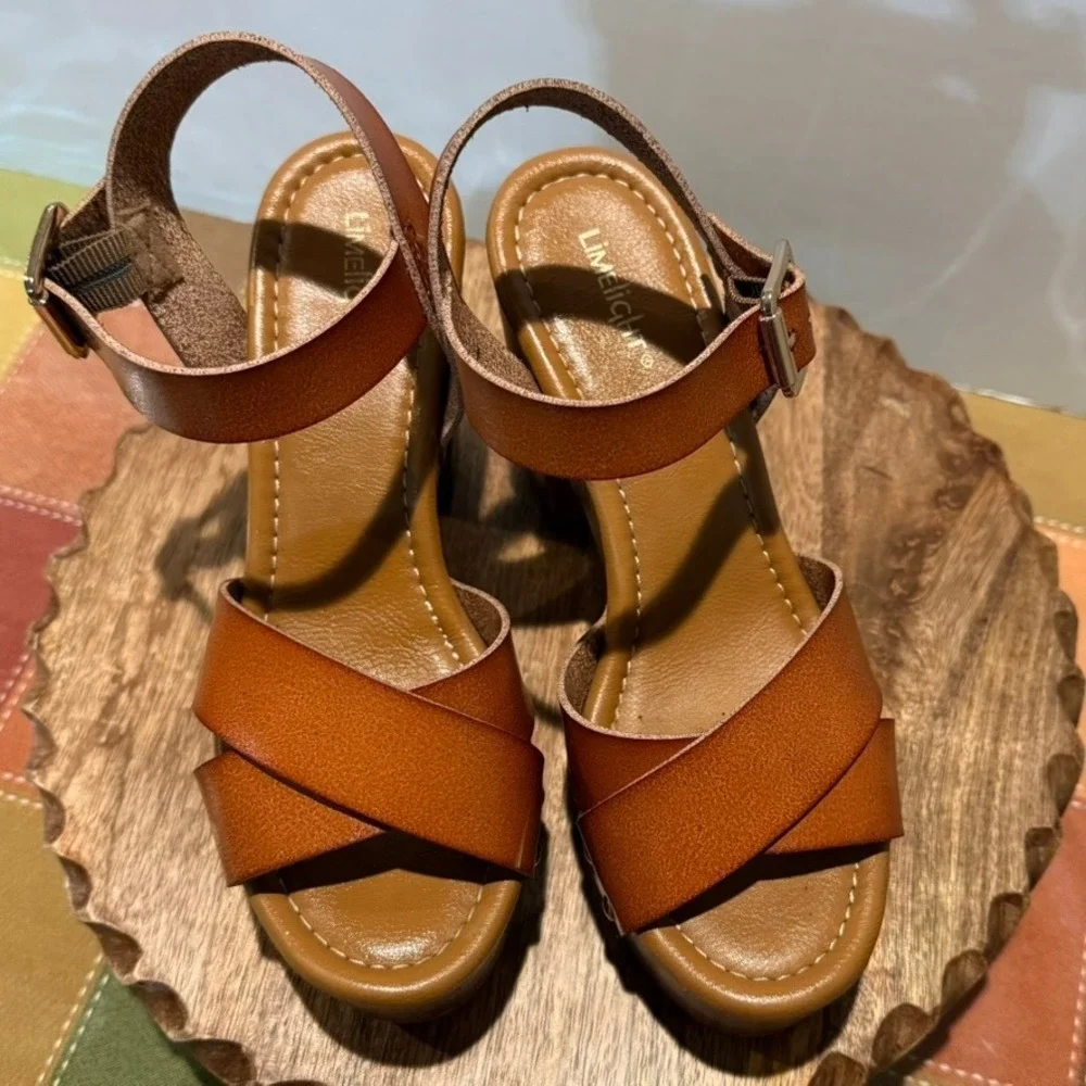 Limelight April Platform Sandals Womens 7M Cognac Brown Faux Wood Block Heel